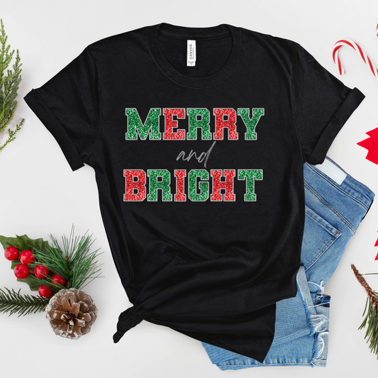 Merry & Bright Glitter Christmas T-Shirt – Holiday Graphic Tee