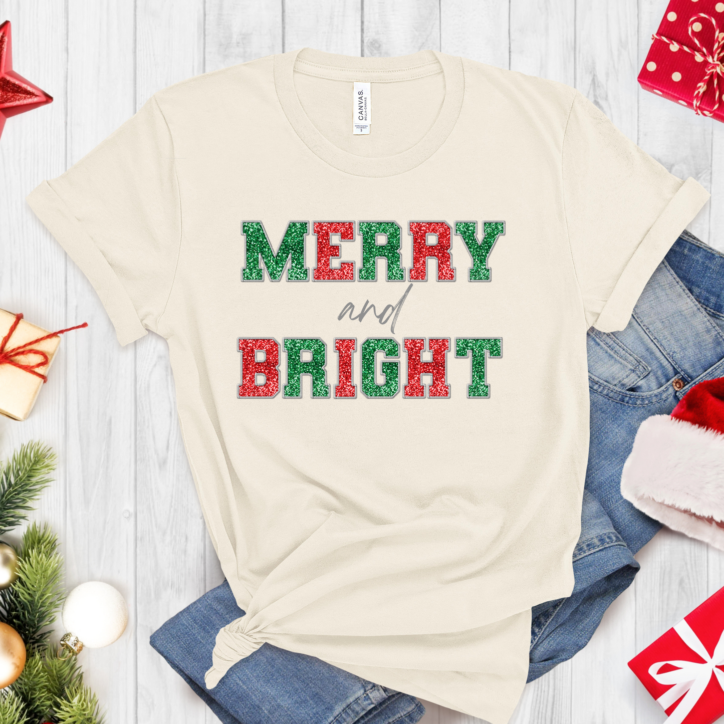 Merry & Bright Glitter Christmas T-Shirt – Holiday Graphic Tee