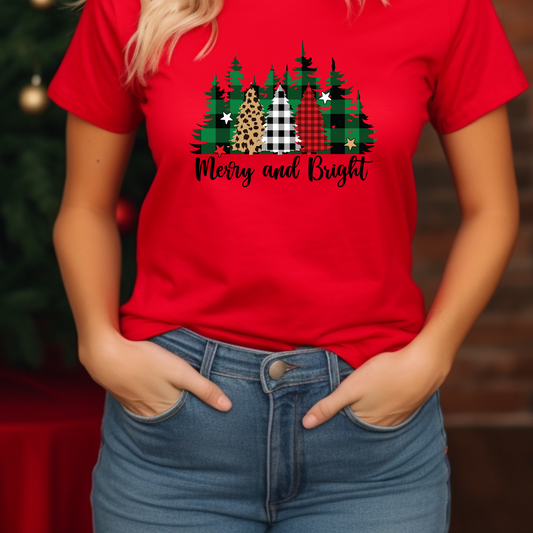 Merry & Bright Trees T-Shirt – Christmas Short Sleeve Graphic Tee