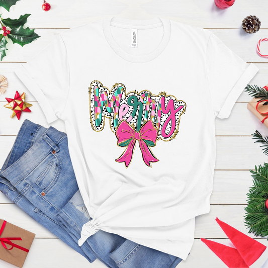 Merry Glitter Bow T-Shirt – Pink & Green Christmas Graphic Tee